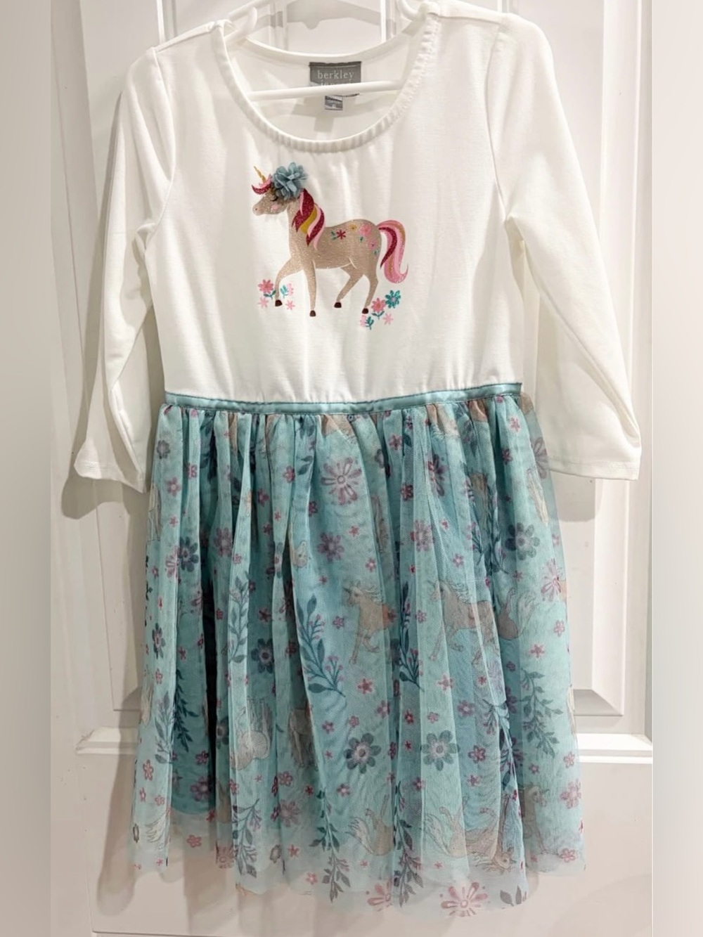 Berkley Girls' White & Aqua Unicorn Tulle Dress, Size 6, Worn once